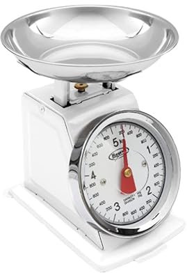 Maury's Bilancia da Cucina Meccanica Compatta per Alimenti Senza Batterie Capacità 5 kg con Quadrante Grande Tondo in Acciaio, Piattino D.16 cm