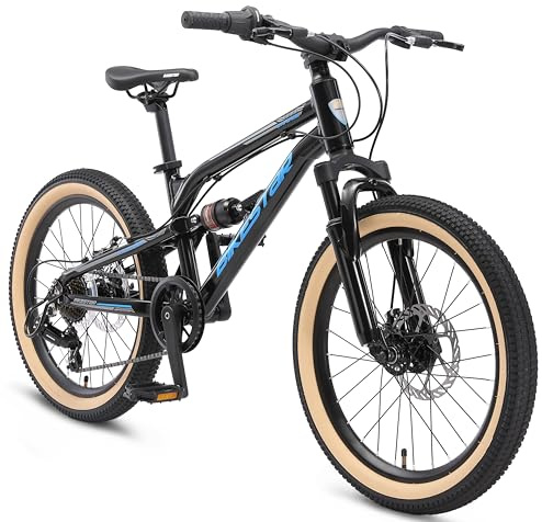 BIKESTAR Kinder Fahrrad Aluminium Fully Mountainbike 7 Gang Shimano, Scheibenbremse ab 6 Jahre | 20 Zoll Kinderrad Fully MTB | Schwarz