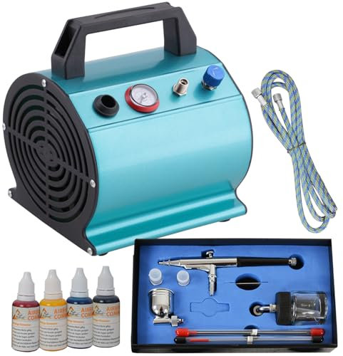 AMUR Airbrush Kompressor Set mit Farben Beauty Set - Airbrush Komplett Set mit Airbrush Pistole mit 3 Düsen und 4er Farben Set Schlauch - ideal für Airbrush-Tatto zu Hause!