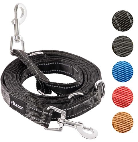 vitazoo Hundeleine - 3mx2,5cm - Nylon-Graphit Leine mit Karabinern für Kleine, Mittelgroße und Große Hunde - Verstellbare Führleine mit 4 Verschiedenen Längen in Schwarz Reflektierend für Ihren Hund