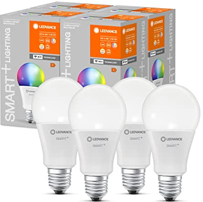 LEDVANCE Smarte LED-Lampe mit WiFi Technologie, Sockel E27, Dimmbar, Lichtfarbe änderbar (2700-6500K), RGB Farben änderbar, ersetzt Glühlampen mit 100 W, SMART+ WiFi Classic Multicolour, 4er-Pack