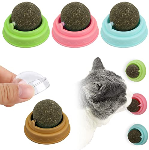 Dacitiery 4PCS Catnip Balls Toy for Cats, Rotatable Edible Interactive Cat Toy with Self-Adhesive Catnip Teeth Cleaning Licking Balls for Kittens