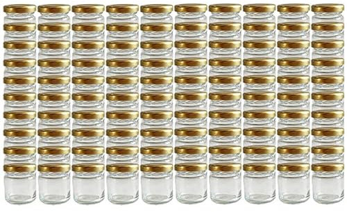 Vitrea 100 x Marmeladengläser kleine 37 ml Gläschen mit Schraub-Deckel Gold - Mini Einmachgläser - Honiggläser - Probiergläser für Gastgeschenke & Hochzeit Made in Germany (100)