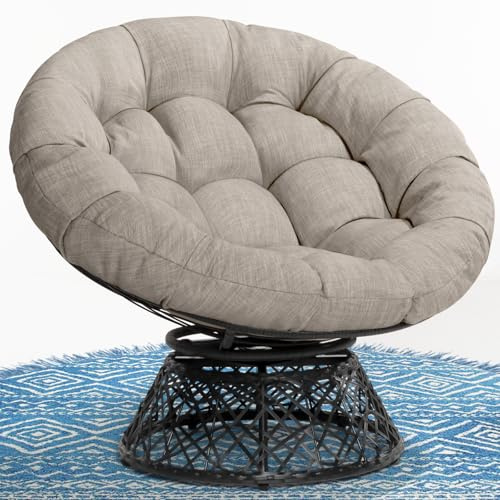 Bme 40 Ergonomic Wicker Papasan Chair with Soft Thick Cushion & Frame, 360° Swivel Papasan Chair, Circle Chair, Reading Chair, Chair for Living Room, Bedroom, Silver Cloud - Black Frame