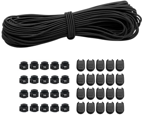 30m Elastische Gummischnur 3mm Elastische Runde Schnur Elastische Dehnbare Schnur Mit 20Pcs Reißverschluss Pull Cord Lock Cord,20PCS Doppel-Loch Frühling für Rucksack,Schnürsenkel(Schwarz, 3mm*30m)