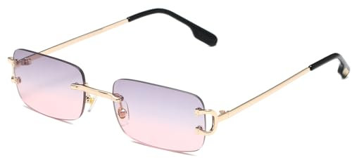 Ggpyyon Lunettes de soleil rectangulaires sans monture pour homme et femme, lunettes de soleil rétro sans monture, Doré/gris rose dégradé
