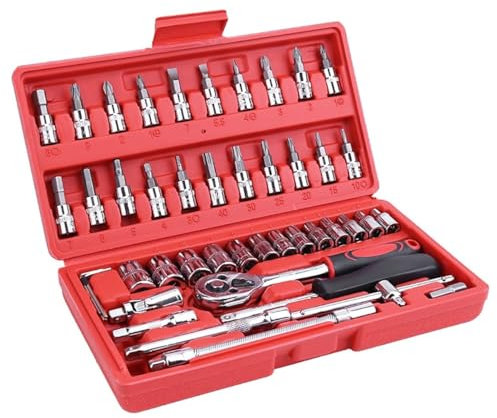 46-teiliges Steckschlüssel-Set, 1/4-Zoll-Antrieb, Steckschlüssel-Ratschenschlüssel mit metrischem Steckschlüssel-Satz und Verlängerung, Steckschlüssel-Werkzeuge, Auto-Reparatur-Werkzeug-Set for Autore