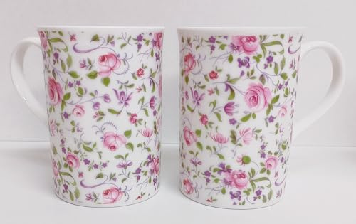 Rainbow Decors Royal Chelsea - Juego de 2 tazas de porcelana fina (porcelana), diseño de flores, color rosa y morado