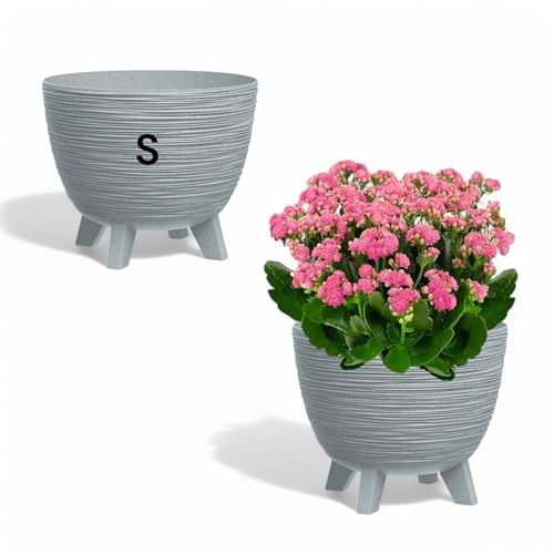 MELTOM Blumentopf mit Füßen aus Kunststoff Schale Rund Kräutertopf 3D Rillen (Grau, S-24cm)