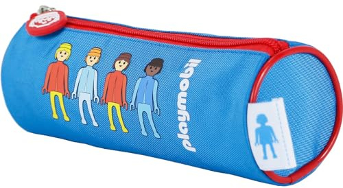 DOHE - Rundes Schulmäppchen - Reißverschluss, offiziell lizenziert, strapazierfähiges Polyester, 21x7,5x7,5 cm, Schulmaterial - Playmobil Core - Blau