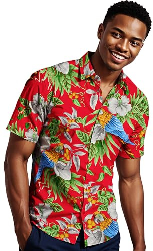 King Kabana Stylish Chemise-Hawaienne, Manche-Courte, Cherry-Parrot-Style, Rouge, M