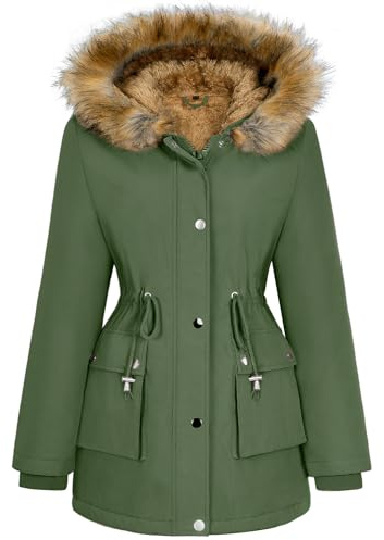 Xnova Damvinterkappa, parkas, fleecefodrad, varm med huva, vinterjacka, kappa, jackor, medellång, vindtät, vattenavvisande utomhusjacka, rock, kvinnor, utomhus, Grön, M