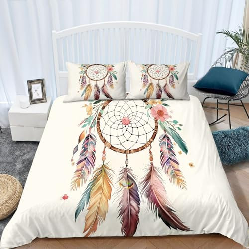 Bettbezug Bedruckt BöHmischer TraumfäNger, 240 × 220 cm Bettbezug Set Aus Einfache Pflege weicher Mikrofaser Bedruckter Bettbezug Bunt Bettbezug Mit Reißverschluss Mit 2 Kissenbezügen
