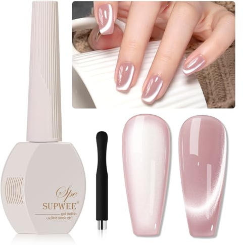 SUPWEE Cat Eye UV Gel Moonlight Light Nude Rosa Cat Magnetisch Eye Gel Nagellack Holographisch Shimmer UV/LED Lack mit Magnetic Stick für DIY Nail Art Maniküre Salon 15ML