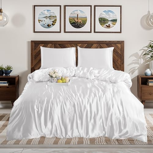 Black Horse 3Pcs Premium Silk Satin Duvet Cover Set – Silky Soft Duvet Cover & Pillowcases 2 Pack – Cool, Breathable, Hypoallergenic Bedding for Luxurious Comfort (DOUBLE-WHITE)
