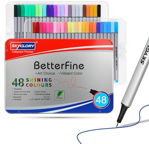 SKYGLORY 48 Colours Fineliner Pens Set-0.4mm Fine Tip with Free Colouring Card & Drawing Pad, Colour-Matched Caps for DIY Craft & Adult Colouring with Metal Case (48)