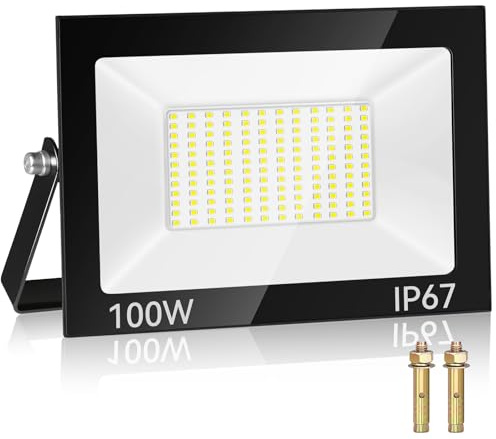 Kakashome 100W Faretto LED da Esterno, Faro LED da Esterno 10000LM 7000K Faretti LED, 144 Chips IP67 Impermeabile Super Luminoso Bianco Freddo Luce di Sicurezza per Giardino, Cortile, Terrazza, Patio
