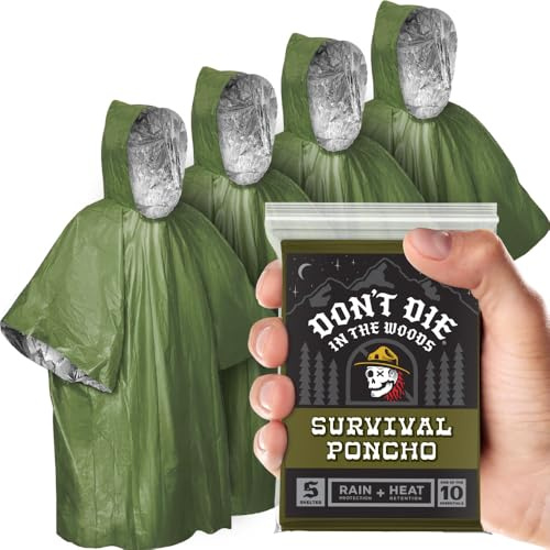 Don't Die In The Woods - Survival Poncho [4-Pack Refill] - Rain Protection + Heat Retention - Wearable Emergency Space Blanket - Hiking Camping First Aid Outdoor Gear (Green)