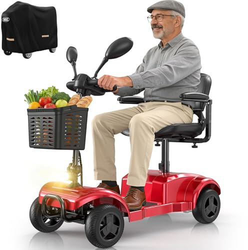 VOCIC Elektromobil Senioren 4 Räder Faltbar D42, 20KM Seniorenmobil | Seniorenmobile Klappbar mit Pannensichere Reifen für All Gelände,250W Roller Mobilität mit Abdeckplane bis 136KG,5 Jahre, Rot