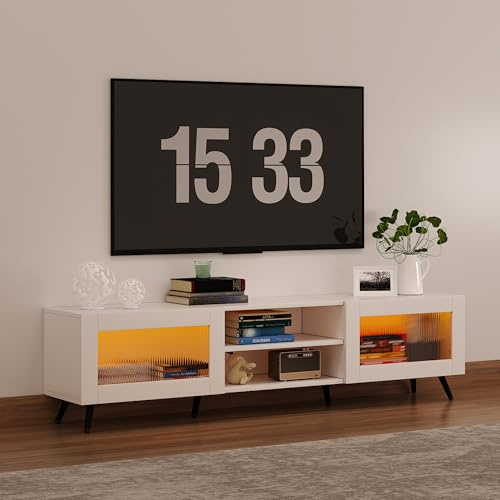 KEEPREAPER TV-Schrank 160cm Lowboard mit LED und 2 Acryltüren Weiß | stehend Fernsehtisch für Fernseher bis zu 70 Zoll, für Wohnzimmer