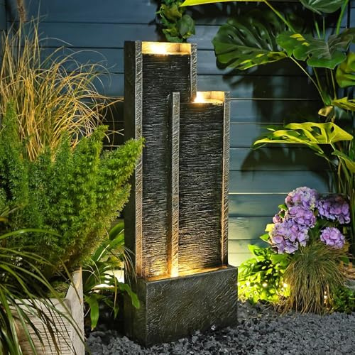Takamota 35” Modern Double Column Waterfall Fountain - Outdoor Water Fountain with LED Lights, Freestanding Waterfall Feature for Garden, Patio, Deck, Porch, and Home Decor, Rectangular Resin Design