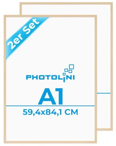 PHOTOLINI Bilderrahmen A1 Holz MDF, DIN A1 Bilderrahmen Natur, 2er Set Poster Rahmen 59,4x84,1 cm, Posterrahmen 60x84 mit bruchsicherem Acrylglas, zum Aufhängen & Zubehör - Frame für Fotos & Poster
