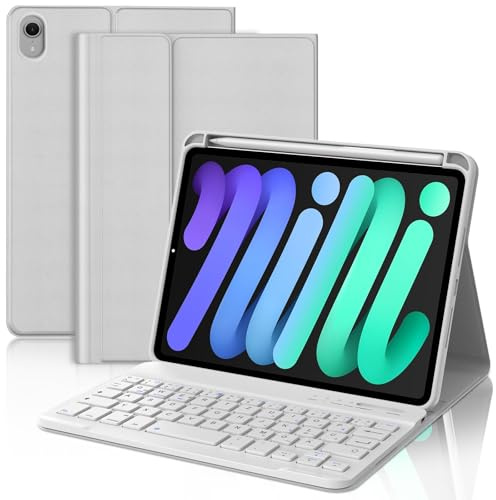 WAVATA Tastatur für iPad mini 7 8.3 2024 (A17 Pro), Hülle mit Tastatur für iPad mini 6 2021 Magnetisch Abnehmbare Bluetooth Kabellose QWERTZ Layout, Hellgrau