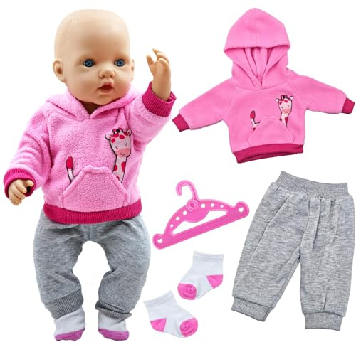 BBEUU Puppenkleidung 35-43cm, Kapuzenpullover Baby Puppen Kleidung | Puppenzubehör für 14-17 Zoll mit Rosa Giraffen Hoodie, Hosen, Socken, Kleiderbüge, Geschenk Für Jungen Mädchen
