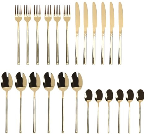 Naroote 24-teiliges Besteckset, Besteckset aus 18/10-Edelstahl für 6 Personen, Inklusive Menümesser, Gabel, Löffel, Dessertlöffel, Hochglanzpoliert, Spülmaschinenfest, mit Glatten (GOLD)