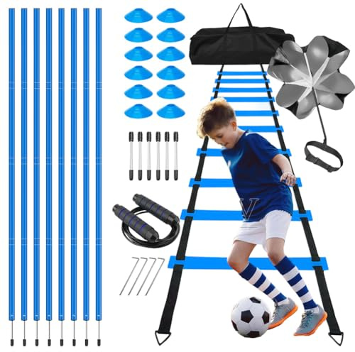 DASIAUTOEM Set di accessori per allenamento da calcio, con 6 poli slalom, scala di coordinazione da 5 m e 10 coni per allenamento di coordinazione, slalom