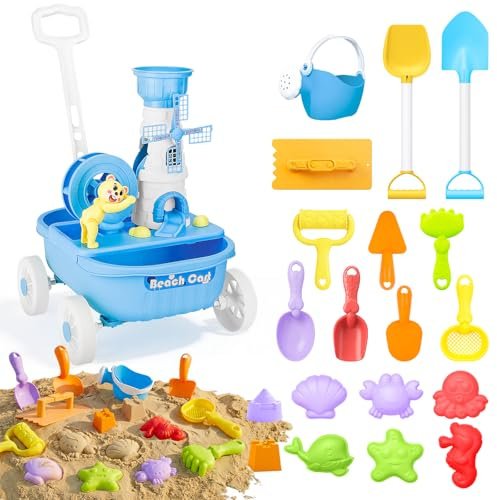 deAO Set Giochi Spiaggia 21 Pezzi con Carrello Trainabile e Ruota ad Acqua – Kit Sabbia con Pala, Rastrello, Annaffiatoio, Formine – Giocattolo Esterno Sabbiera – Regalo Bambini 3+ Anni