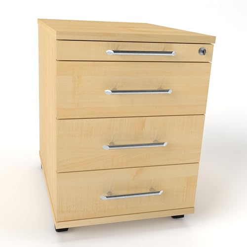 Rheinland Möbel Rollcontainer CADI 43×58×59 cm – abschließbarer Bürocontainer in Ahorn mit Orga- & 3 Universal-Schubladen, Metall-Relinggriff