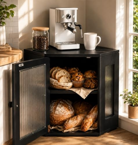 Panera de Esquina Negra de 2 Niveles con Paneles de Acrílico, 32x32x35 cm | Caja para pan con estante ajustable y acabado acanalado, ahorra espacio en la encimera y aprovecha la esquina de la cocina.