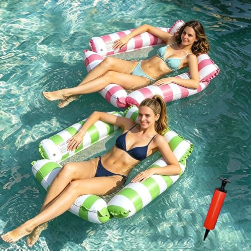 2 Pack Inflatable Pool Floats Hammock, 4 in 1 Multi-Purpose Water Hammock with 1 Air Pump, Mesh Seat Lounge Chair & Sofa Mattress for Adults, Summer Swimming Pool Beach Lazy River