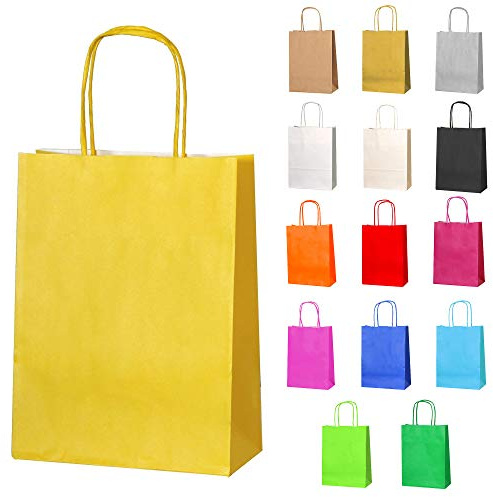 Thepaperbagstore 15 Gelbe Kleine Papiertüten mit Henkel 18 x 22 x 8 cm | Farbige, recycelbare Kraftpapiertüten für Süßigkeiten, Geschenke, Hochzeiten, Partys & Events.
