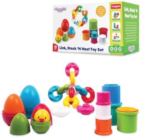 Funskool Link Stack-N-Nest stapelbecher & stapelwürfel Set | stapelturm motorikspielzeug ab 6 Monate | Baby Spielzeug 6 Monate | sensorik Spielzeug Baby für kreative Förderung