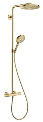hansgrohe wassersparendes Duschsystem Raindance Select S 240 PowderRain Regendusche (Duschkopf, Duschkopf, Duschstange, Thermostat, Schlauch, 3 Strahlarten) Polished Gold Optic