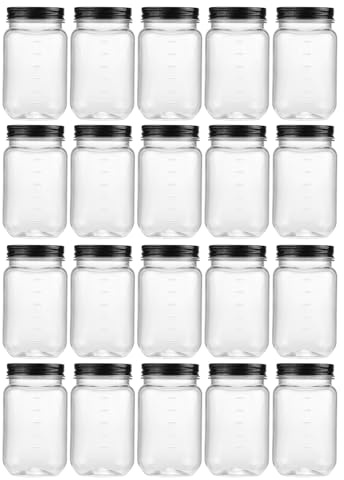 novelinks 16 oz Clear Plastic Jars with Screw-On Lids - BPA-Free Refillable Storage Containers for Slime, Food, Crafts, Kitchen & Household Use (20 Pack,Black)