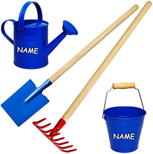 alles-meine.de GmbH 4 TLG. Set: Kinder Eimer + Gießkanne + Spaten/Schaufel + Rechen/Harke - inkl. Name - aus Holz & Metall - blau & bunt - 80 cm lang - stabile Gartengeräte /..