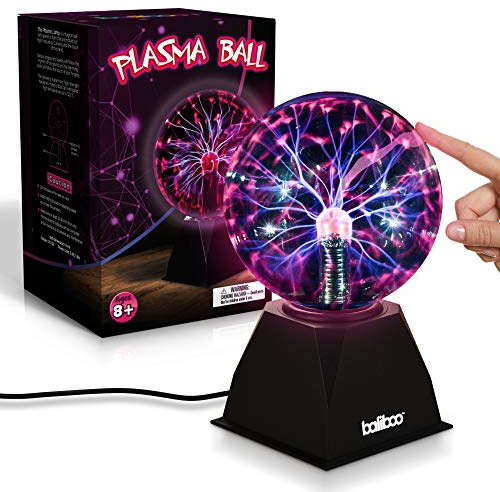 BALIBOO 6 Plasma Ball Light – Touch & Sound Sensitive Activated Lightning Globe – 12V Power Adapter Plug Plasma Globe Lamp – Interactive Science Static Electricity Ball, STEM Learning