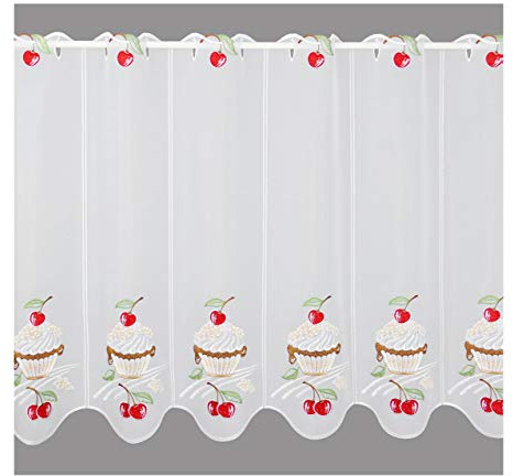Scheibengardine Sommer-Genuss Vogtländische Spitze | Küchengardine kleine gestickte Kuchen & Kirschen | Moderner, halbdurchsichtiger Kurzstore für Küche & Esszimmer, Fenster-Dekoration HxB 60 x 112 cm