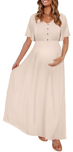 Peauty Boho Maternity Dress Maternity Maxi Fall Maternity Dress for Photoshoot Baby Shower (Light Mocha M)