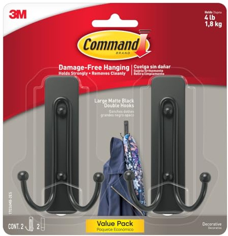 Command Large Matte Black Double Hooks, 2 Hooks and 2 Strips, Damage Free Hanging Wall Hooks with Adhesive Strips, No Tools Coat Hooks for Hanging Home Decor, Holds up to 4 lb