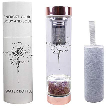 Botella de Agua de Gemas con infusión de Elixir de Cristal con infusor de té, colador de té de Botella de Agua de Cristal con Cristales extraíbles para el Bienestar de Chakra - 15 oz