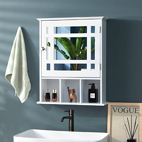 CASART Wall Mounted Bathroom Cabinet, Single Door Storage Mirrored Cupboard with Adjustable Shelf and 3 Open Compartments, Wooden Mirror Organizer for Bedroom, Living Room, Bathroom (White) | Single Door Storage Mirrored Cupboard Wooden Mirror Organizer for Bedroom, Living Room, Bathroom