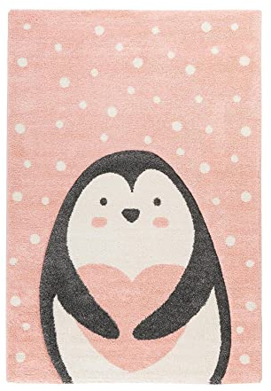 Qiyano Teppich für Kinderzimmer Spielmatte mit Tiermotiv Panda-Bär Bär Hase Pinguin Kinderteppich für Junge und Mädchen, Motiv: Pinguin, Farbe: Rosa, Größe: 80 x 150 cm