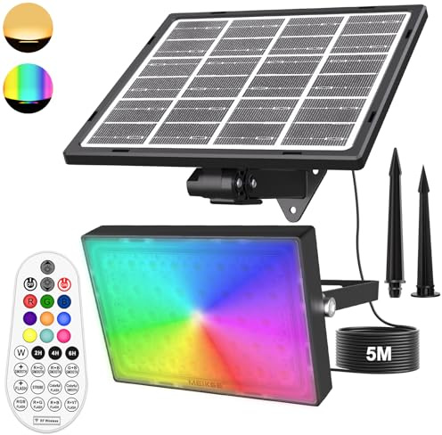 MEIKEE Foco Solar Exterior RGB 30W, Foco LED Solar de 10 Colores, 12 Modos, 6 Brillos, 6 Velocidades, Lámpara Solar IP66 RGB con Control Remoto Iluminación Multicolor para Jardín, Fiesta, Navidad