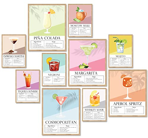 97 Decor Bar Cart Decor And Accessories - Vintage Cocktail Poster, Cocktail Wall Art Prints, Bar Wall Decor For Dorm, Alcohol Drink Pictures, Trendy College Girls Apartment Decor Aesthetic (Unframed) | 4 pcs 8x10 and 6 pcs 4x6 prints, adhesive dots, retro bar cart, kitchen and apartment wall decor