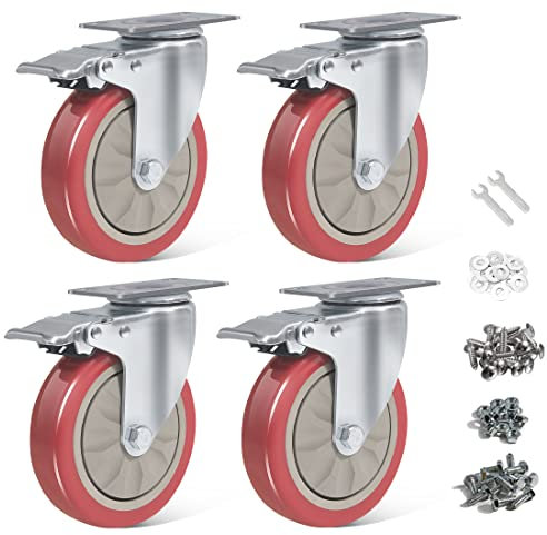 BAOLIHUI 4 Ruote per Carrello con Freno, Ruote Girevoli da 125 mm Ruote per Mobili carico di 800 kg, Rosso Ruota Girevole con Vite per Pallet, Ruota Girevole 360° Ruote Gomma Antigraffio