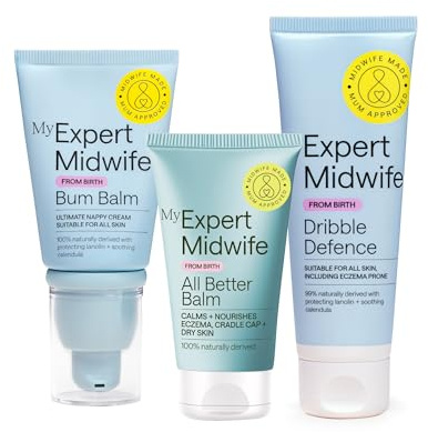 My Expert Midwife Baby Mega Mild Skin Saviours Kit (Pack of 3) | Newborn Sensitive Skin Care Set, Dribble Defence, All Better Balm & Nappy Rash Balm, Natural Ingredients, UK Made